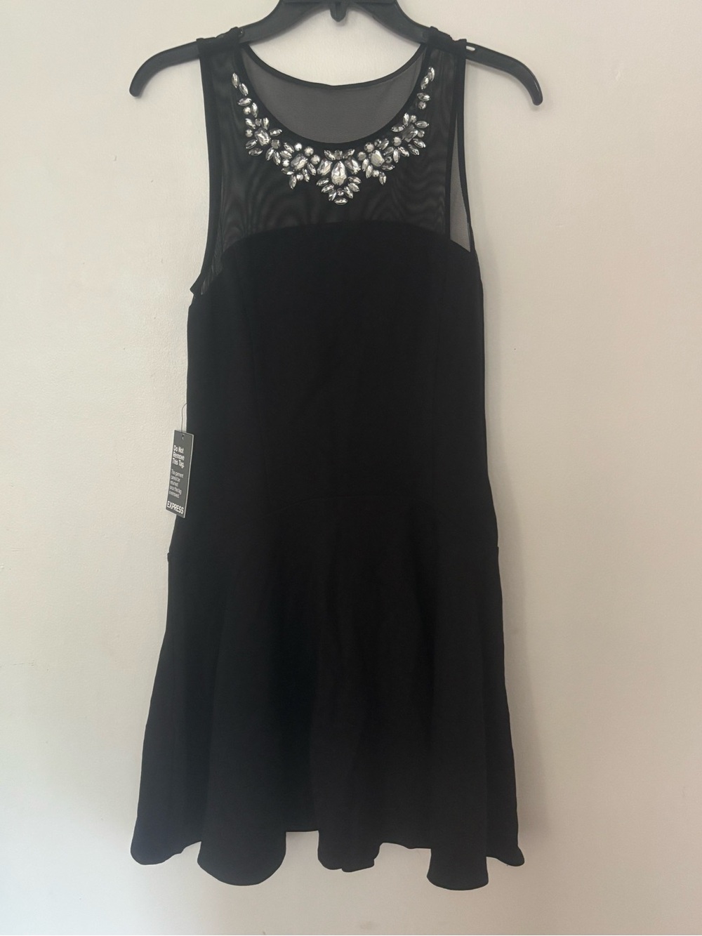 Express Black Jeweled Mesh Neck Fit & Flare Dress Size 6 NWT
